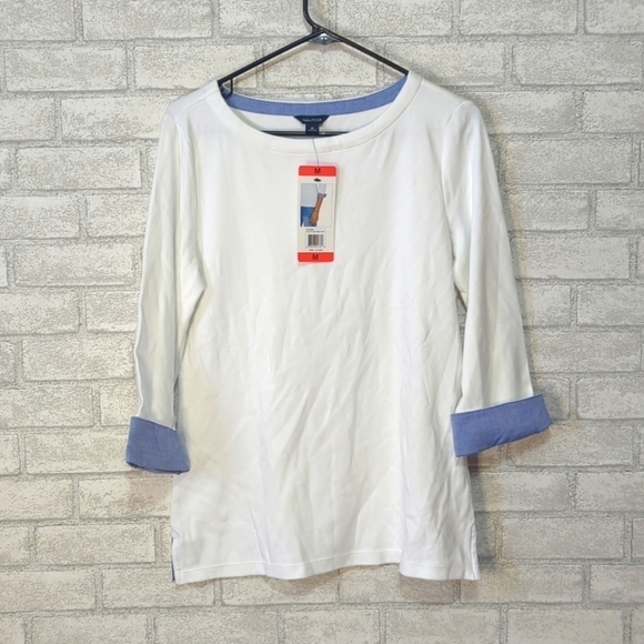 Nautica Boat Neck White Cotton Blouse with Cuffed Sleeves Size Medium - Picture 1 of 5